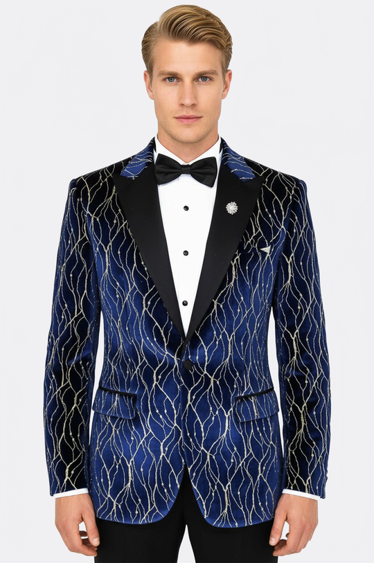 Men’s Midnight Navy & Gold-Vein Jacquard Slim Fit Peak Lapel Dinner Jacket