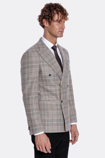 Men’s Tawny Brown Checked Slim Fit Double Breasted Smart-Casual Blazer