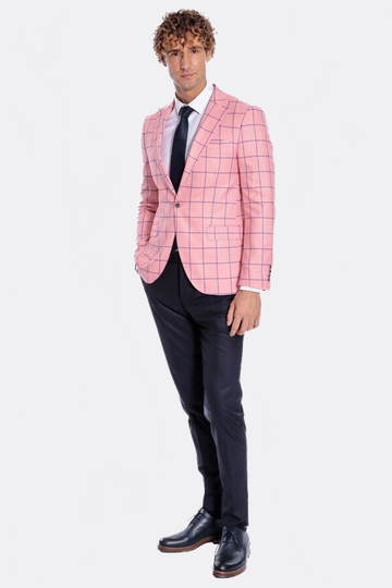 Men’s Pink & Navy Windowpane Check Slim Fit Notch Lapel Sport Blazer