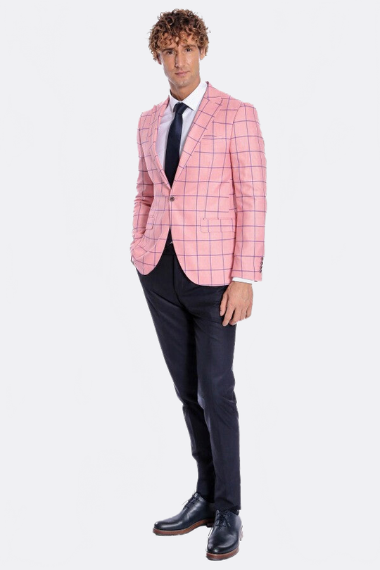 Men’s Pink & Navy Windowpane Check Slim Fit Notch Lapel Sport Blazer