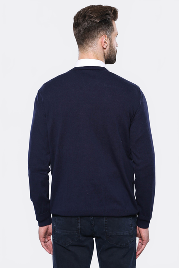 Dark Blue Slim Fit Plain V-Neck Sweater – Wessi