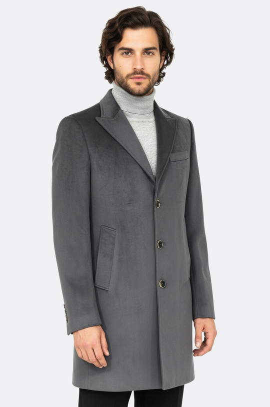Grey Suede Slim Fit Peak Wide Lapel Long Coat – Wessi