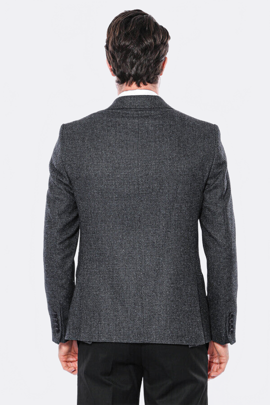 Men’s Dark Grey Textured Slim Fit Peak Lapel Blazer