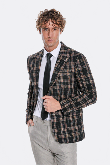 Men’s Midnight Black & Amber Plaid Slim Fit Notch Lapel Blazer