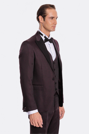 Men's Deep Claret Micro-Patterned 3-Piece Slim Fit Tuxedo with Shawl Lapel