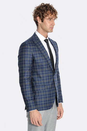 Men’s Midnight Navy Windowpane Check Slim Fit Notch Lapel Sport Blazer
