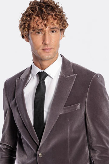 Men’s Grey Velvet Slim Fit Wide Peak Lapel Blazer