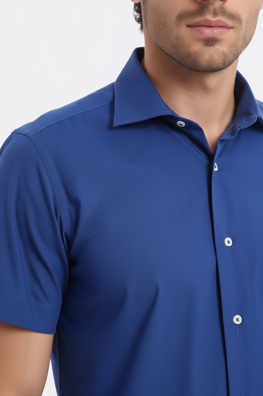 Short Sleeve Plain Navy Blue Slim Fit Shirt | Wessi