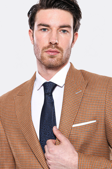 Men’s Orange Micro-Check Slim Fit Peak Lapel Sport Blazer