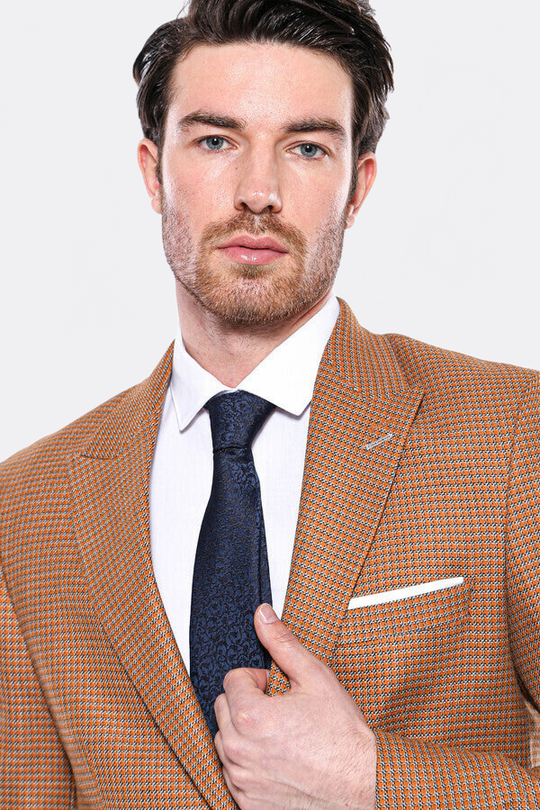 Men’s Orange Micro-Check Slim Fit Peak Lapel Sport Blazer