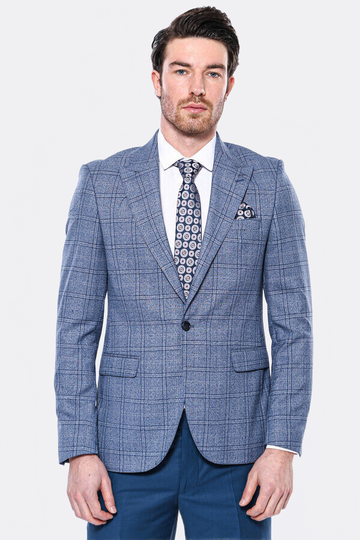 Men’s Indigo Blue Textured Checked Slim Fit Notch Lapel Blazer