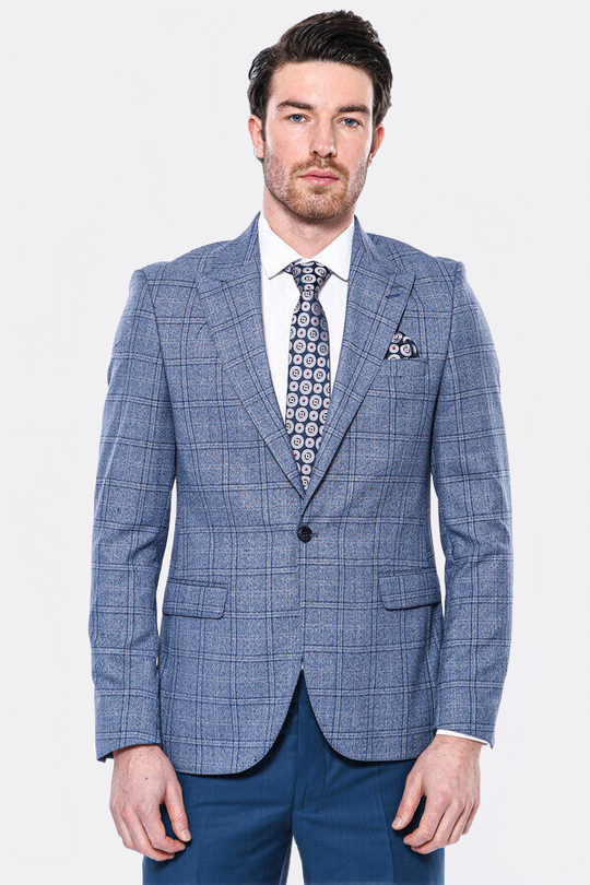 Men’s Indigo Blue Textured Checked Slim Fit Notch Lapel Blazer