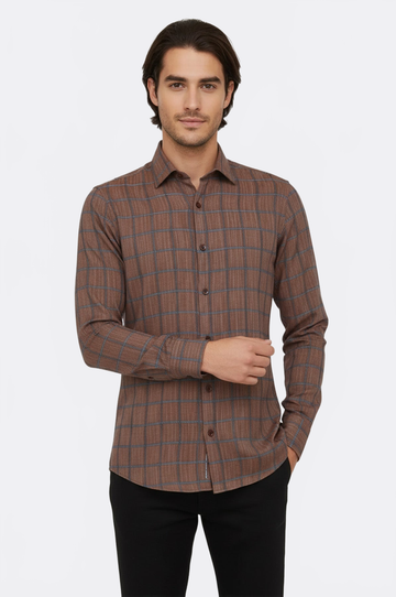 Men's Brown Slim Fit Plaid Cotton Shirt | Wessi