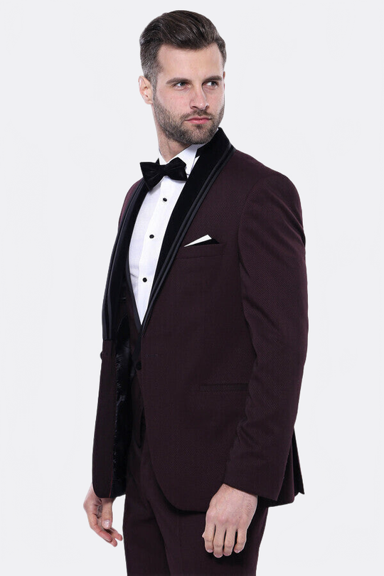 Men's Deep Burgundy 2-in-1 Tuxedo with Detachable Velvet Shawl Lapel - Slim Fit