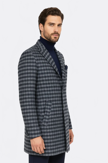 Navy Blue Plaid Slim Fit Peak Wide Lapel Wool Blend Overcoat – Wessi
