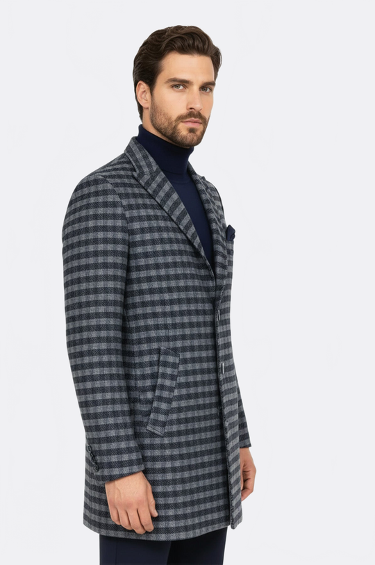Navy Blue Plaid Slim Fit Peak Wide Lapel Wool Blend Overcoat – Wessi
