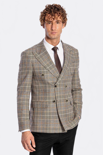 Men’s Heather Grey Checked Slim Fit Double Breasted Smart-Casual Blazer