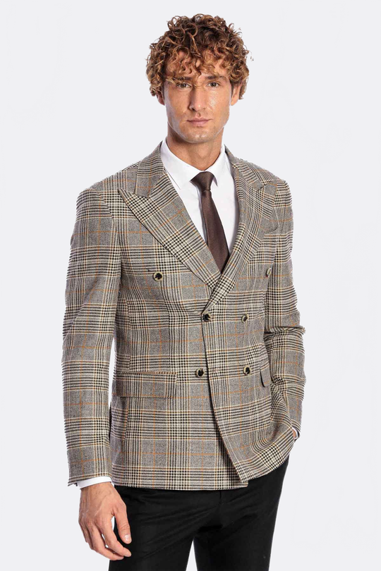 Men’s Heather Grey Checked Slim Fit Double Breasted Smart-Casual Blazer