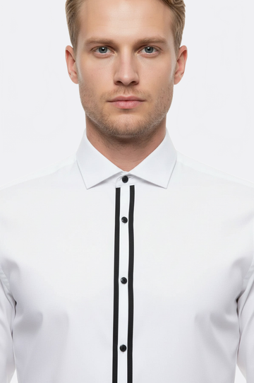 Slim Fit White Stand Collar Tuxedo Shirt — Wessi