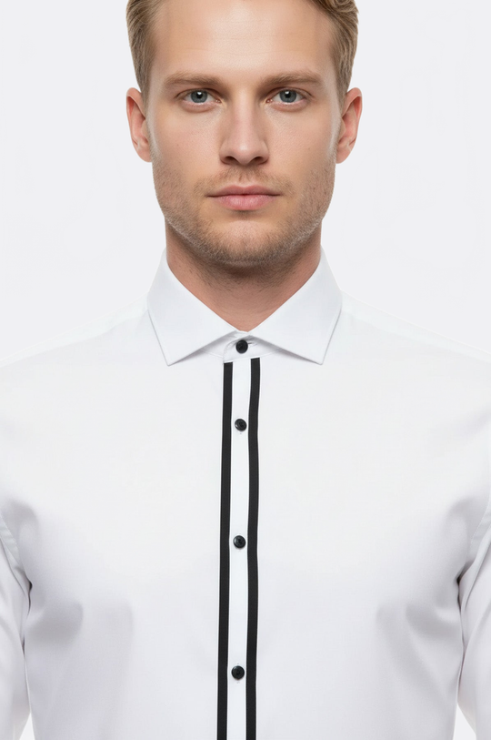 Slim Fit White Stand Collar Tuxedo Shirt — Wessi