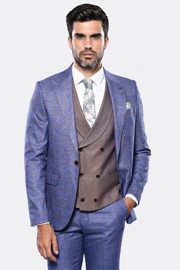 Men's Indigo Blue Windowpane Check 3-Piece Slim Fit Combination Suit