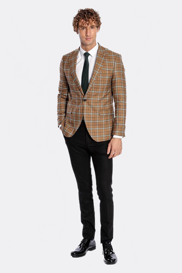 Men’s Toffee Brown & Blue Windowpane Check Slim Fit Notch Lapel Sport Blazer