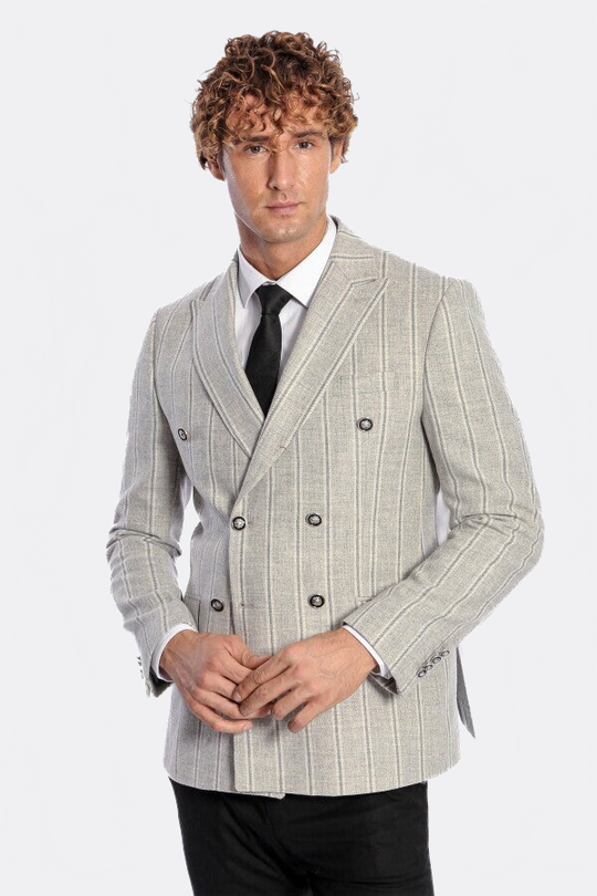 Men’s Dove Grey Striped Slim Fit Double Breasted Peak Lapel Blazer