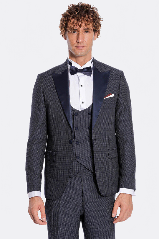 Men's Midnight Navy Jacquard Peak Lapel 3-Piece Slim Fit Tuxedo