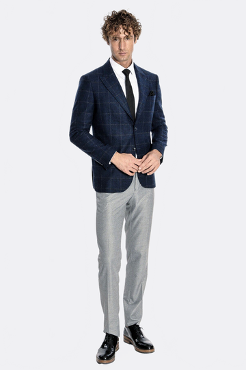 Men’s Navy Blue Windowpane Plaid Wool Blend Slim Fit Notch Lapel Blazer