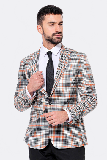 Men’s Orange & Black Glen Plaid Slim Fit Notch Lapel Sport Blazer