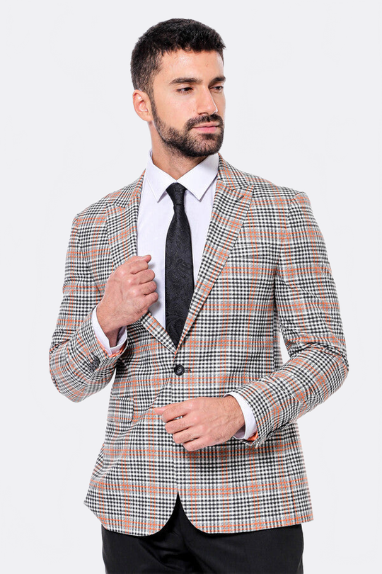 Men’s Orange & Black Glen Plaid Slim Fit Notch Lapel Sport Blazer
