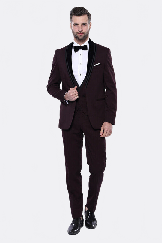 Men's Deep Burgundy 2-in-1 Tuxedo with Detachable Velvet Shawl Lapel - Slim Fit