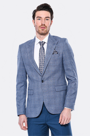 Men’s Indigo Blue Textured Checked Slim Fit Notch Lapel Blazer