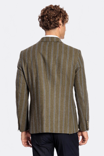 Men’s Forest Green Striped Slim Fit Double Breasted Peak Lapel Blazer