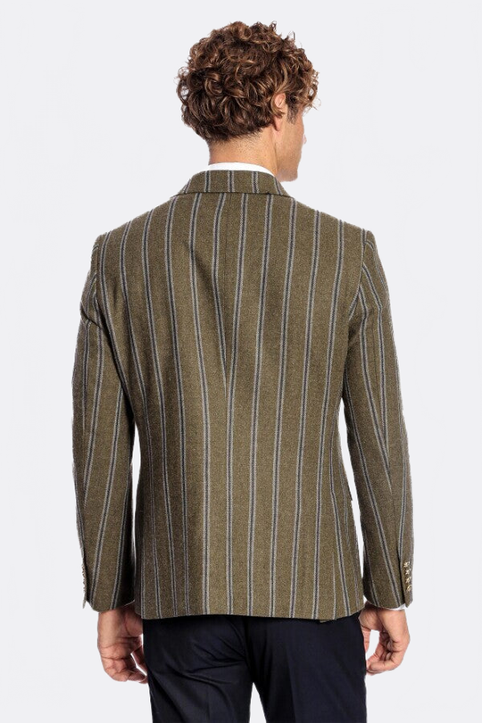 Men’s Forest Green Striped Slim Fit Double Breasted Peak Lapel Blazer