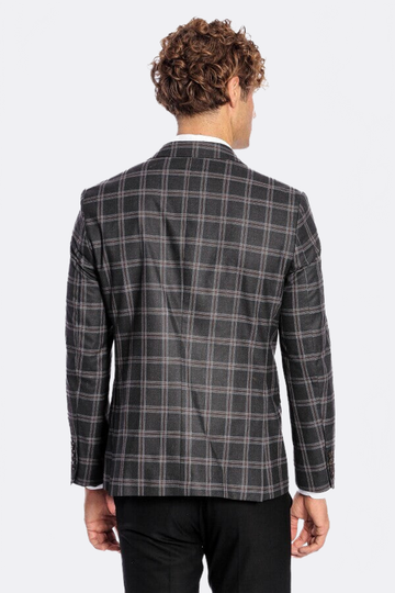 Men’s Charcoal Black Windowpane Check Slim Fit Peak Lapel Sport Blazer