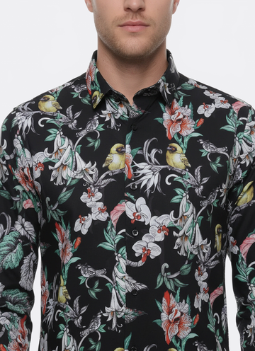 Men's Black Slim Fit Floral & Bird Patterned Shirt | Wessi