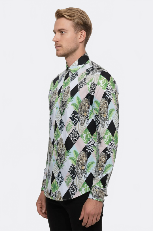 Men's White Slim Fit Multicolour Leopard Print Shirt | Wessi
