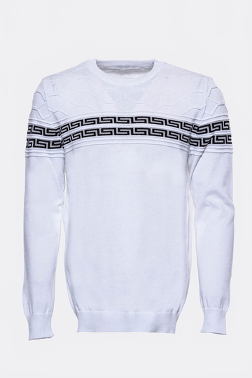 White Slim Fit Round Neck Chest Patterned Knit Jumper – Wessi