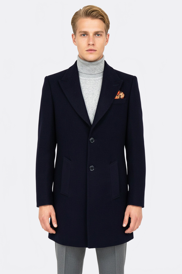 Navy Blue Slim Fit Wide Peak Lapel Wool Blend Coat – Wessi