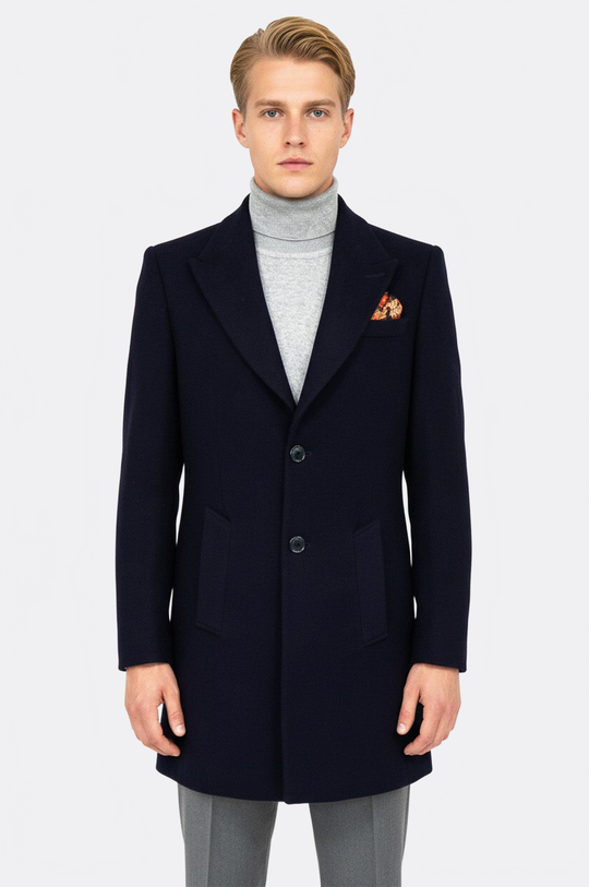 Navy Blue Slim Fit Wide Peak Lapel Wool Blend Coat – Wessi