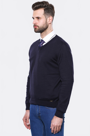 Navy Blue Slim Fit V-Neck Cotton Knit Jumper – Wessi