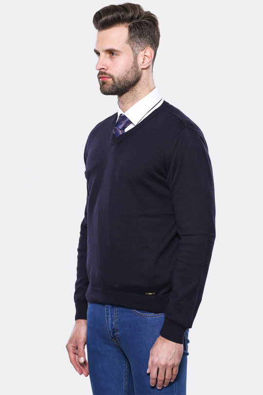 Navy Blue Slim Fit V-Neck Cotton Knit Jumper – Wessi