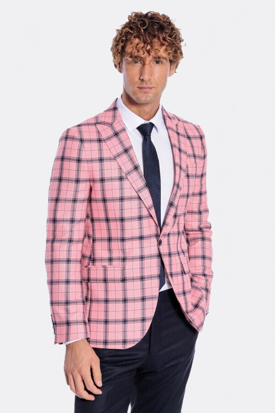 Men’s Pink & Navy Plaid Slim Fit Notch Lapel Sport Blazer