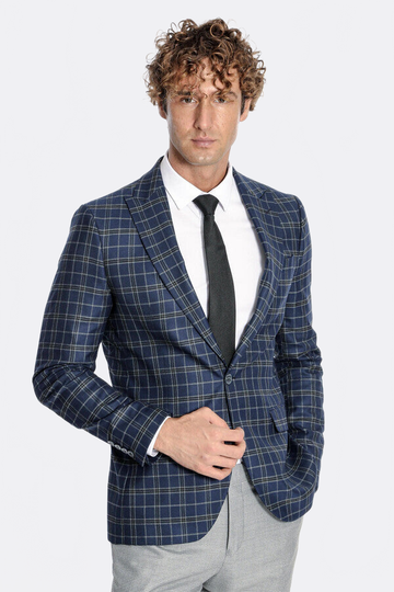 Men’s Midnight Navy Windowpane Check Slim Fit Notch Lapel Sport Blazer