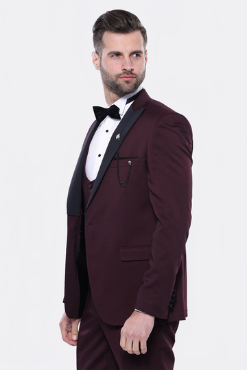 Men's Garnet Burgundy Slim Fit 3-Piece Tuxedo with Detachable Lapel