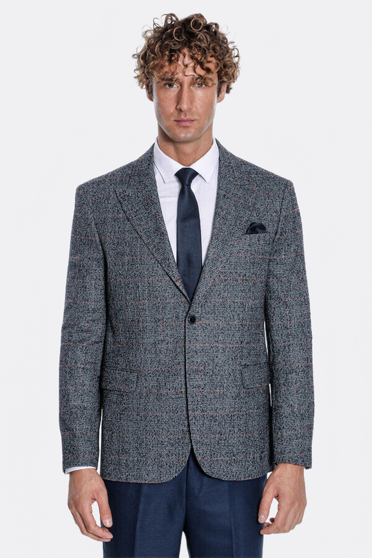 Men’s Midnight Navy Checked Slim Fit Single Breasted Smart-Casual Blazer