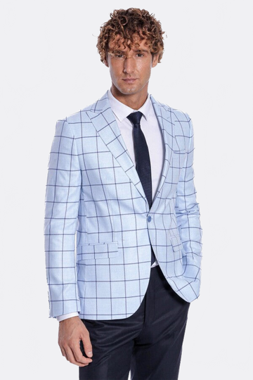 Men’s Ice Blue Windowpane Check Slim Fit Notch Lapel Sport Blazer