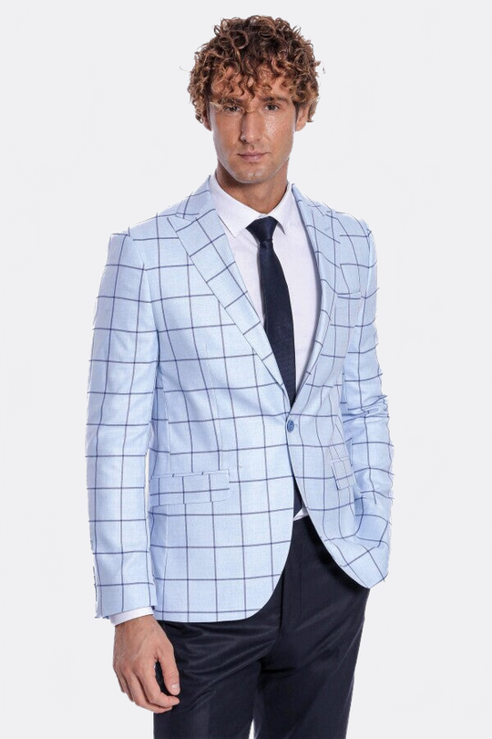 Men’s Ice Blue Windowpane Check Slim Fit Notch Lapel Sport Blazer