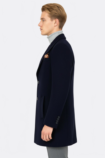 Navy Blue Slim Fit Wide Peak Lapel Wool Blend Coat – Wessi